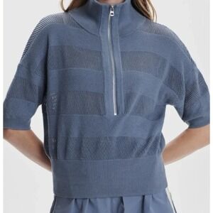 Varley Kembria Mesh Stripe Half Zip Knit Top Stone Blue Short Sleeve Sweater L